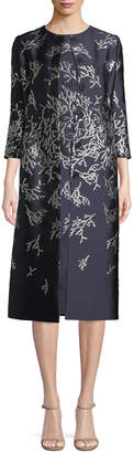 Oscar de la Renta Button-Front 3/4-Sleeve Metallic-Coral Embroidered Mid-Length Coat