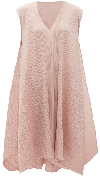 pink pleated midi dress