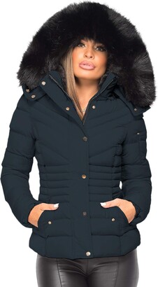 Womens Ladies Quilted Winter Coat Puffer Fur Collar Hooded Jacket Parka Size 
