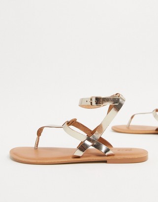 ASOS DESIGN Wide Fit Fennel leather toe post sandal in gold