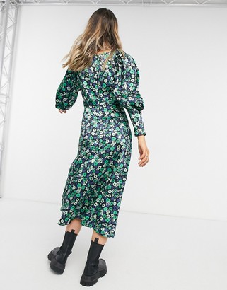 Topshop satin floral print midi dress in green - ShopStyle