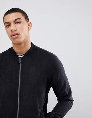 Pull&Bear Faux Suede Bomber Jacket In Black