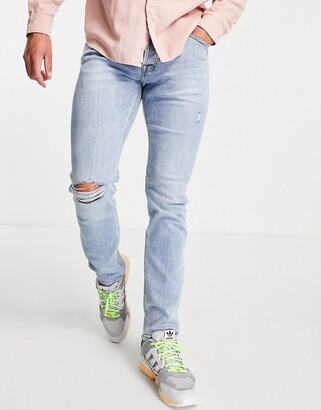 Jack and Jones Intelligence Glenn slim fit jeans with knee rip in lightwash  blue - ShopStyle