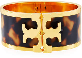Tory Burch Wide Raised Logo Enamel Cuff Bracelet, Tortoise