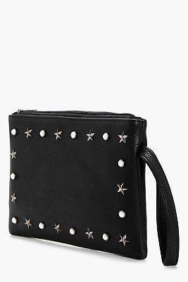 boohoo Womens Millie Pearl And Star Ziptop Clutch in Black size One Size