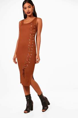 boohoo Layla Knitted Midi Lace Up Front Detail Dress