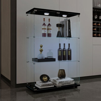 Latitude Run Tempered Glass Display Cabinet,Wine Cabinet,Storage Cabinet,File Cabinet,With Battery-Powered Paipai Light,Adjustable Floor Feet