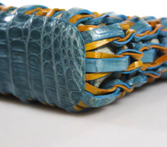 Nancy Gonzalez Blue Tan Woven Crocodile Toggle Tote Handbag