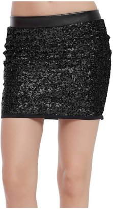 Lotsyle Women's Sequins Club Party Bodycon Mini Skirt Splicing Faux Leather -M