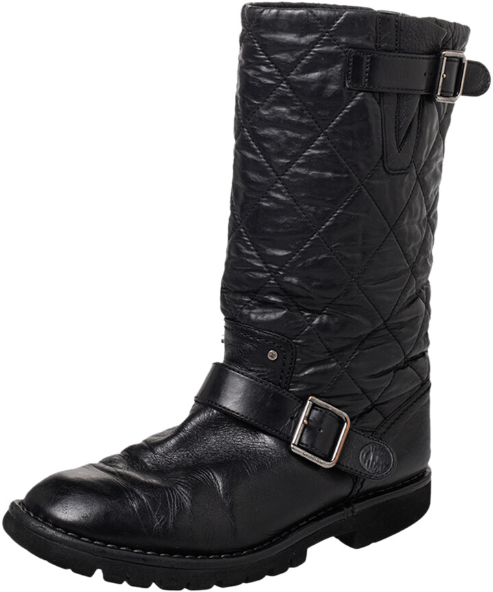 Chanel Black Quilted Coated Fabric And Leather Mid Calf Boots Size