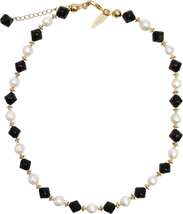 Farra Black / White Black Obsidian And White Pearls Short Necklace