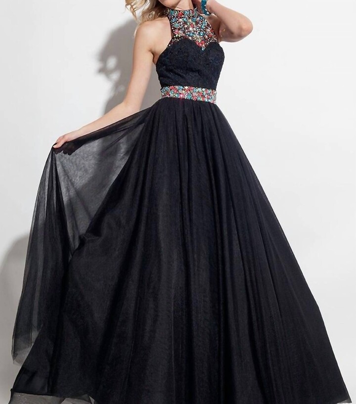 RACHEL ALLAN Halter Neck Jeweled Ballgown In Black