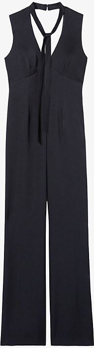 Claudie Pierlot Womens Navy Tie-Neck Flared Satin Jumpsuit 6