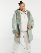 Thumbnail for your product : ASOS Curve DESIGN Curve leather look parka with borg lining in sage