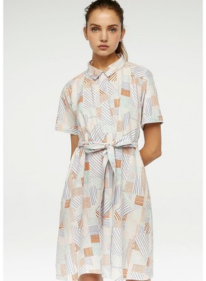 Compania Fantastica Printed Cotton Mini Shirt Dress with Tie-Waist and Short Sleeves