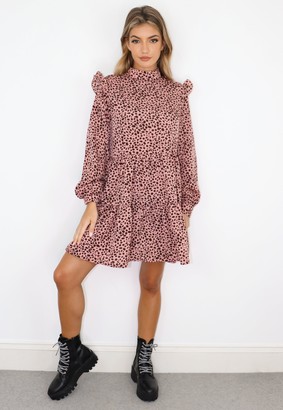 Missguided Pink Leopard Print Frill Shoulder Tiered Smock Dress
