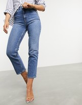 Thumbnail for your product : ASOS DESIGN high rise stretch 'slim' straight leg jeans in midwash