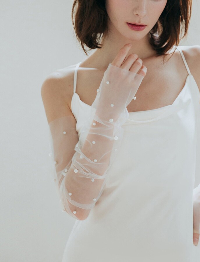 Fingerless Gloves With Pearl Long Wedding - Tulle Bridal Sheer Custom Ruched Arm Warmers Shower Accessories