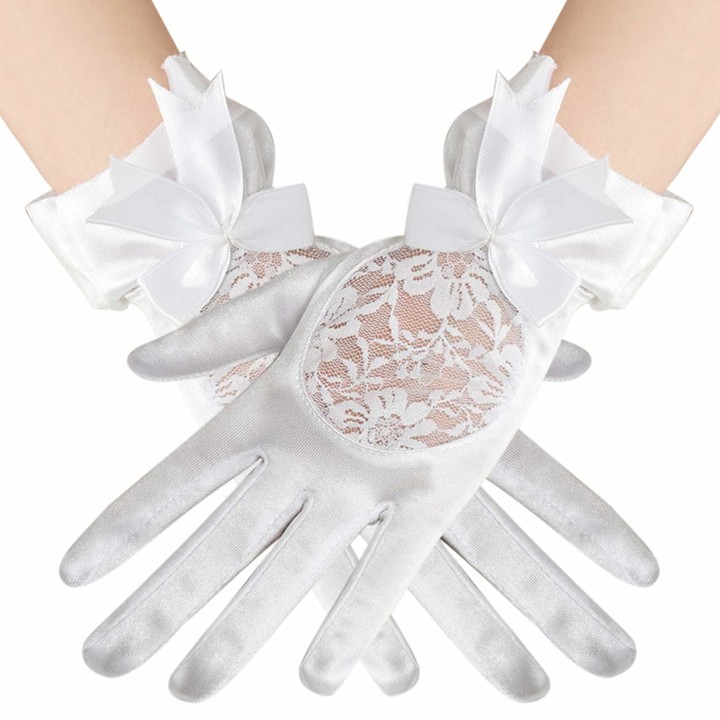 White Coucoland Short Opera Gloves Satin Short Gloves with Lace Floral Bridal Fancy Dress Gloves Wedding Prom Opera Gloves Wrist Length Classic Gloves 