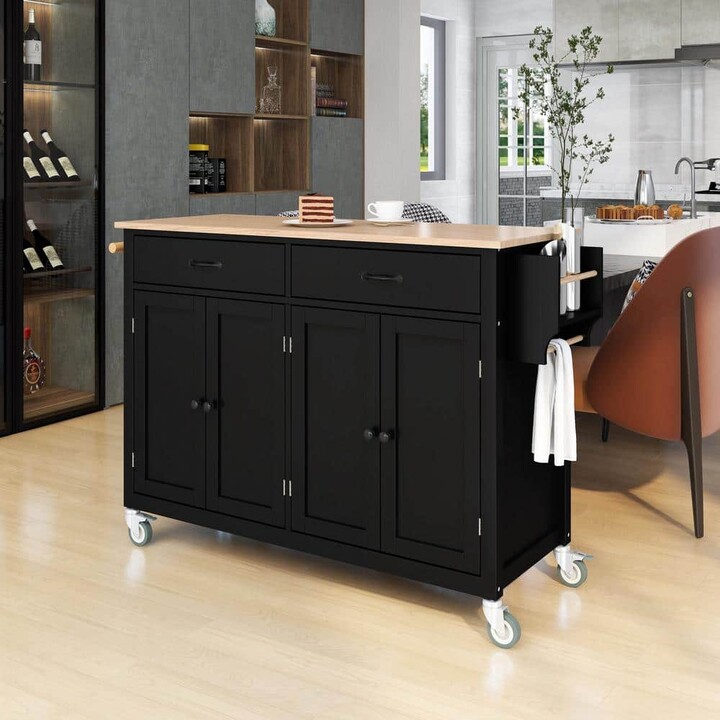 YANTENG LLC 54 in. Black Solid Wood Top Kitchen Cart Island with 4-Door Cabinet, Drawers, Spice Rack, Towel Rack, and Wheels