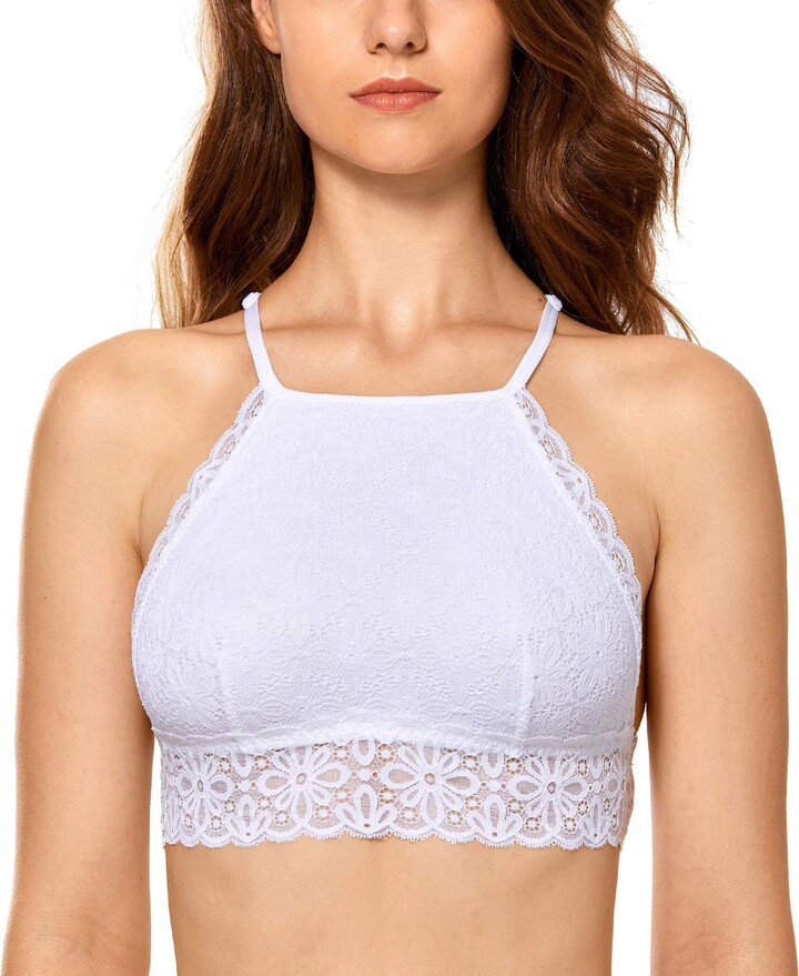 DOBREVA Women's Floral Lace High Neck Halter Bralette Non-Padded Pullover  Bra White XS (30A 30B 32A 32B) - ShopStyle