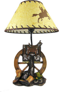 Western Saddle Table Lamp W/ Cowboy Print Shade