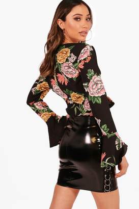boohoo Floral Flare Sleeve Cut Out Blouse