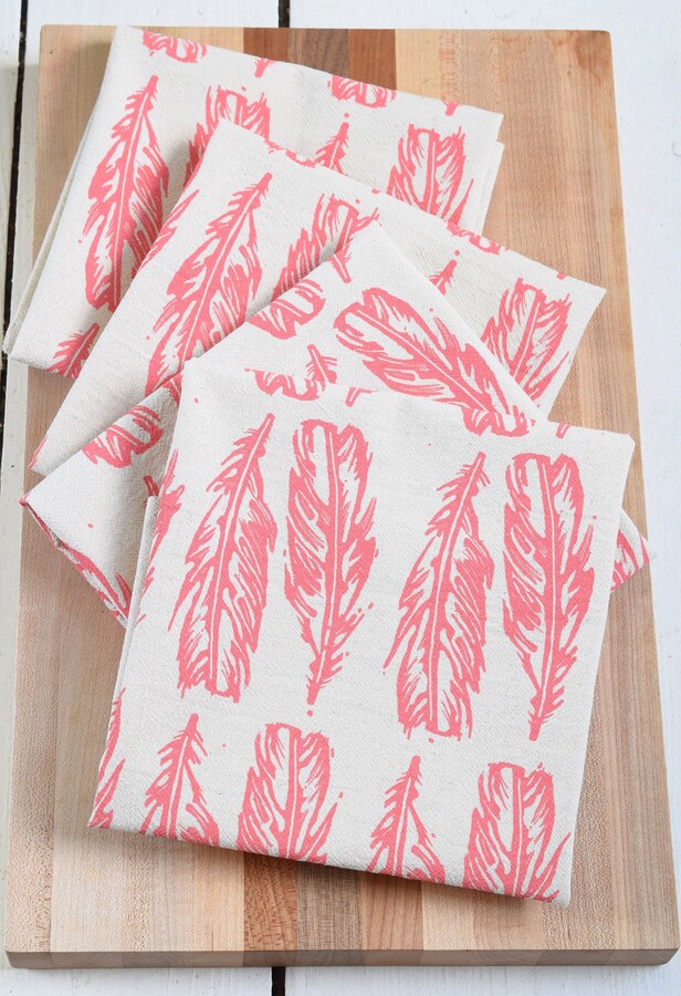 Etsy Feather Napkins Set Of 4 100% Organic Cotton Pink Block Print Modern Kitchen