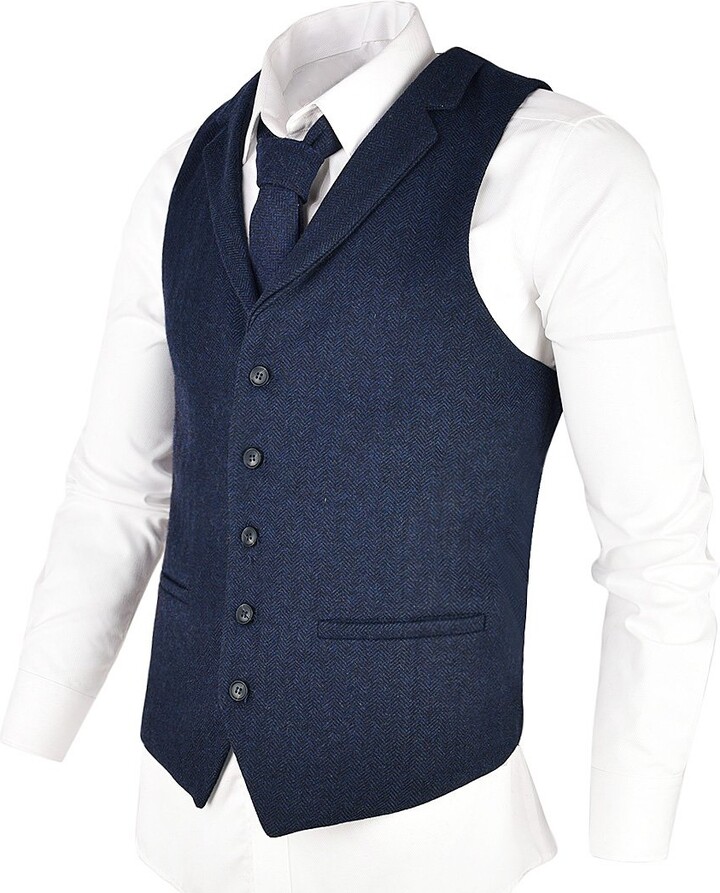 VOBOOM Mens Herringbone Tailored Collar Waistcoat Fullback Wool Tweed