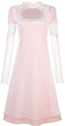 dusty pink lace detail striped mesh midi dress