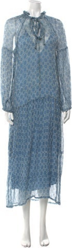 CLOE CASSANDRO Silk Tent Dress Blue Printed Ruffle Embellishment Long Sleeve with Mock Neck