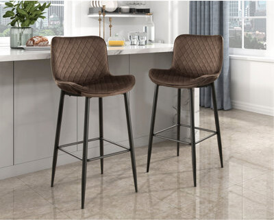 Latitude Run Set Of 2 Pub Height Chairs Brown Velvet Upholstery Modern Casual Dining Furniture Metal Legs 29-Inch Seat Height Bar Chairs