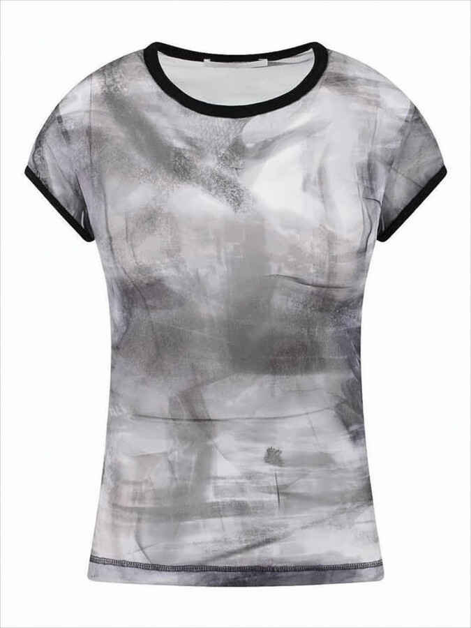 Helmut Lang Semi-Sheer Short-Sleeved Top With Abstract Smoky Pattern