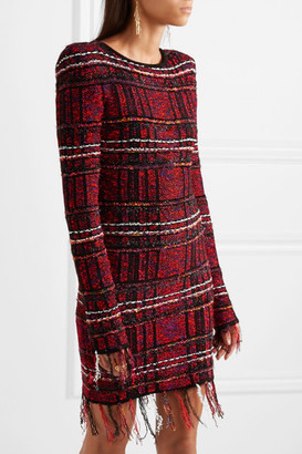 Balmain Frayed Checked Tweed Mini Dress - Red
