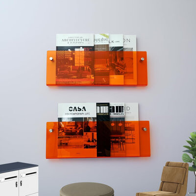 BONLOD 2 Pack Orange Acrylic Magazine Holder Wall Mount Hanging Bookshelf Literature Storage Rack Brochure File Display Shelf