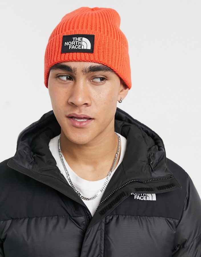 The North Face TNF Logo box cuffed beanie in red - ShopStyle Hats