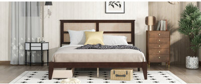 George Oliver King Size Bed With Rattan Headboard Two Storage Drawers Rubber Wood Bed With Enhanced Support Salts And Feet