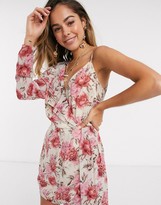Thumbnail for your product : In The Style x Billie Faiers one shoulder asymmetric wrap mini dress in contrast pink floral print