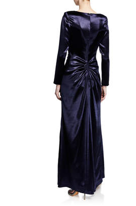 Aidan Mattox Long-Sleeve Satin Gown with Asymmetric Ruching Details