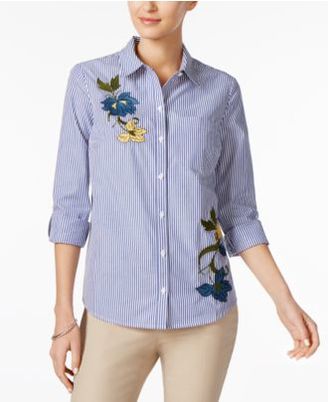 Charter Club Embroidered & Striped Cotton Shirt, Created for Macy's