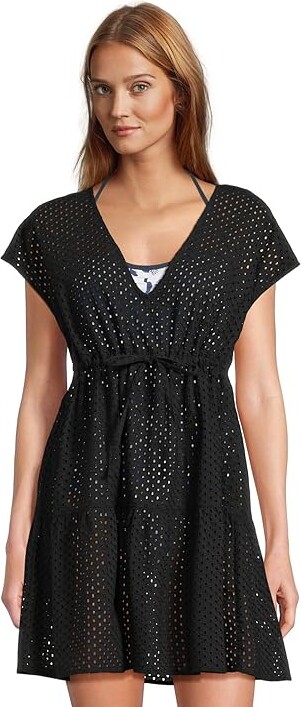 Tommy Bahama Eyelet Cove Vneck Short Dress Women's Swimwear Black : XS (US 4), Cotton