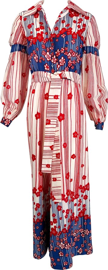 Malcolm Starr By Rizkallah Red White & Blue Floral Cotton Wide Leg Jumpsuit 1960