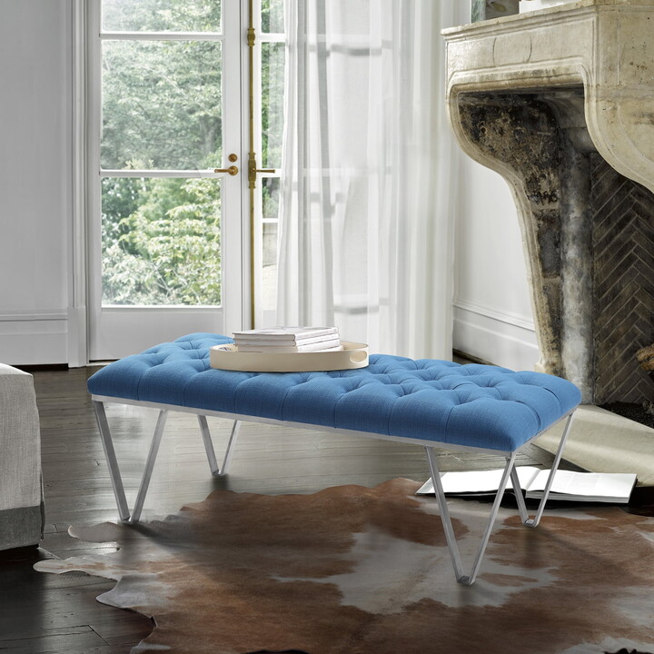 Armen Living Serene Tufted Fabric & Metal Bench in Blue/Brushed Silver