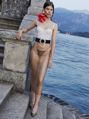 Alessandra Rich Sheer Crystals Mesh Midi Skirt
