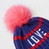 Thumbnail for your product : River Island Girls blue 'love' embroidered pom pom beanie