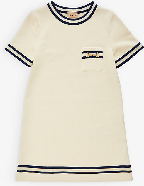 Gucci White/Multicolor Striped-Trim Horsebit-Embellished Cotton Dress 4-12 Years 8 Years