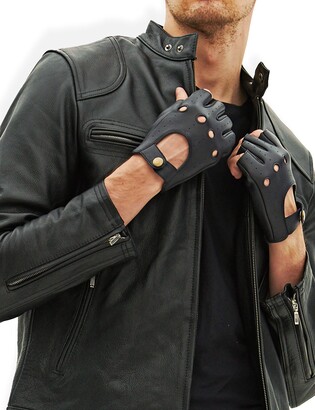 GSG Mens Black Leather Fingerless Gloves 100% Genuine Sheepskin leather Cycle Biker Gym Driving Gloves 