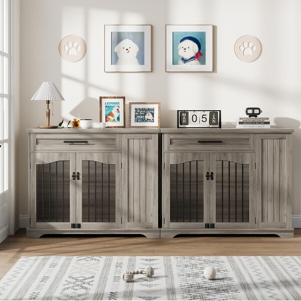 TruAIR DogCrate44InchWoodenDogKennelFurnitureforLargeDogs-HeavyDutywithDrawerSideStorageBuilt-inFeedingStation(Setof2)