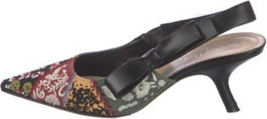 Christian Dior Slingback Pumps Black Flora Print Beaded & Embroidered Accents Semi-Pointed Toes Includes Dust Bag Designer