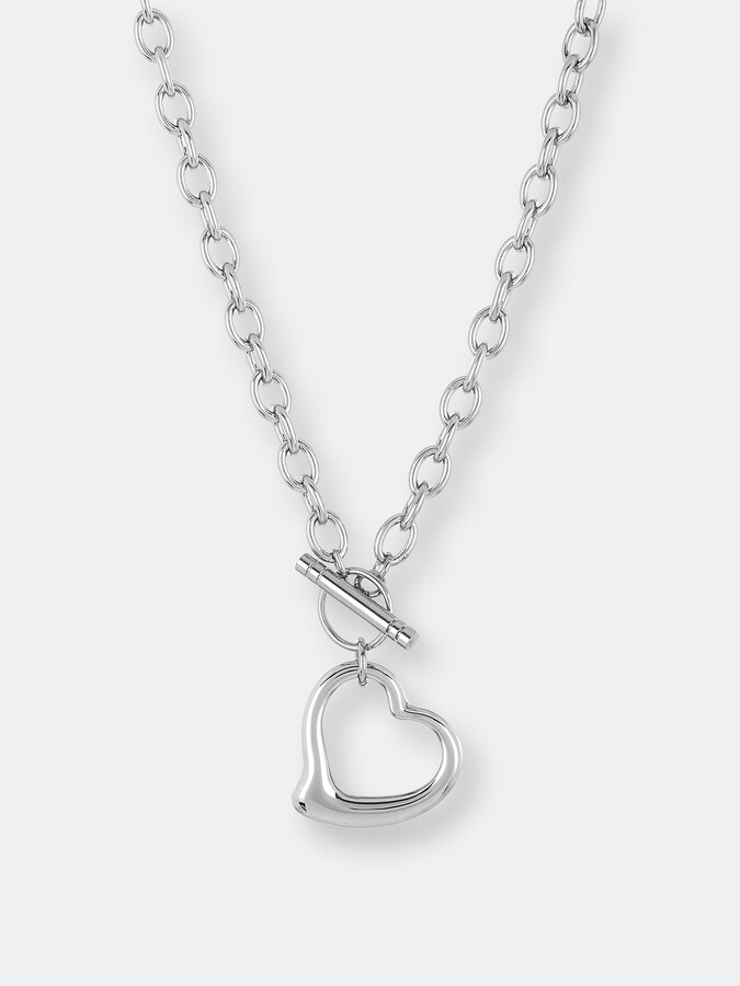 FB Jewels Solid Metal Heart Pendant Chunky Metal Bib Pave Crystal Stone Cutout Hollow Metal Link Toggle Closure Necklace